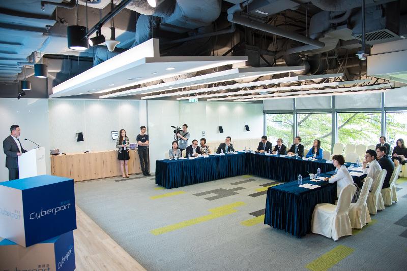 Members of the Legislative Council Panel on Information Technology and Broadcasting today (May 16) receive a briefing by the Chief Executive Officer of Hong Kong Cyberport Management Company Limited, Mr Herman Lam (first left), on the latest development of Cyberport.
