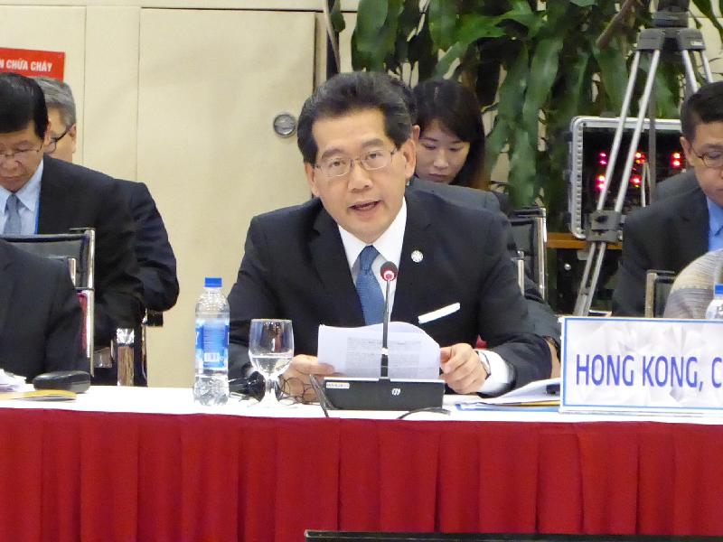 The Secretary for Commerce and Economic Development, Mr Gregory So, speaks at a discussion session of the Asia-Pacific Economic Cooperation Ministers Responsible for Trade Meeting in Hanoi, Vietnam today (May 20).