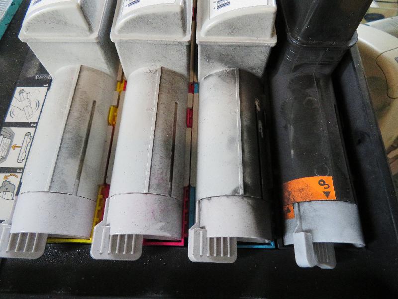 The Environmental Protection Department and the Customs and Excise Department intercepted two containers of illegally imported hazardous electronic waste containing waste flat panel displays, waste batteries, waste printed circuit boards and waste toner cartridges in October 2016. Two importers were convicted today (May 23) for contravening the Waste Disposal Ordinance. Photo shows the waste toner cartidges seized.