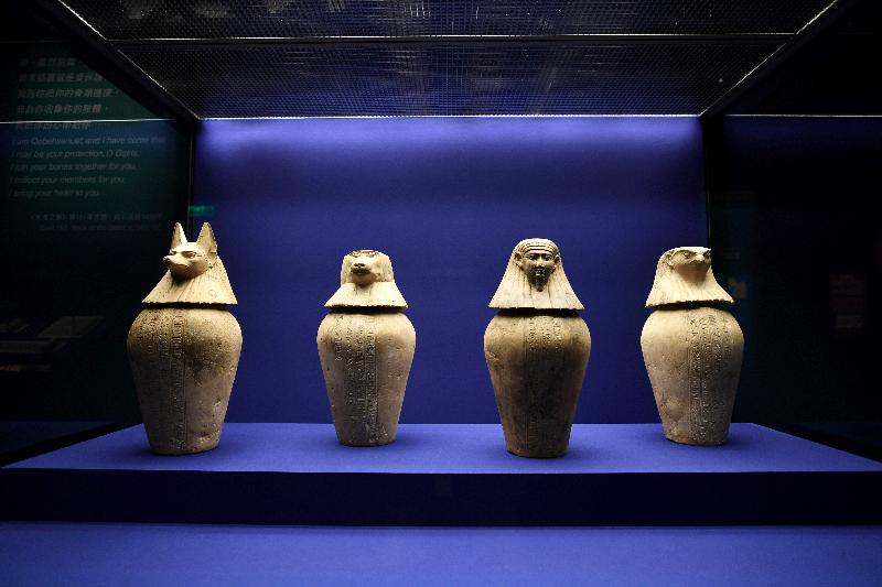 A major exhibition of the Hong Kong Science Museum entitled "The Hong Kong Jockey Club Series: Eternal Life – Exploring Ancient Egypt" will be open to the public from tomorrow (June 2). Photo shows the Canopic jars of Djedbastiuefankh (about 380 to 343 BC, collection of the British Museum).