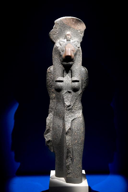 香港科學館本年度重點展覽「香港賽馬會呈獻系列：永生傳說－－透視古埃及文明」明日（六月二日）起舉行。圖示展品「塞克邁特石像」（約公元前1390至1352年，大英博物館藏品）。