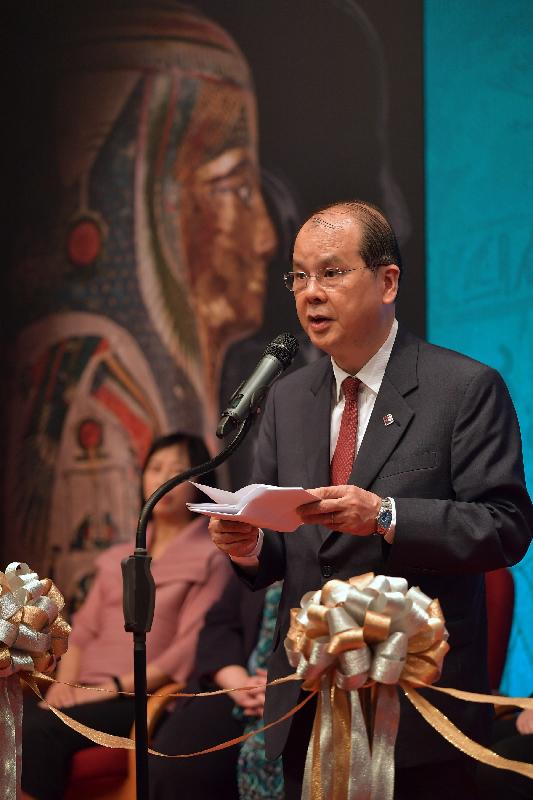 The Chief Secretary for Administration, Mr Matthew Cheung Kin-chung, speaks at the opening ceremony for the "Eternal Life - Exploring Ancient Egypt" exhibition today (June 1) at the Hong Kong Science Museum.
