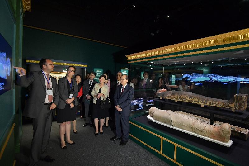 The Chief Secretary for Administration, Mr Matthew Cheung Kin-chung, officiated at the opening ceremony for the "Eternal Life - Exploring Ancient Egypt" exhibition today (June 1) at the Hong Kong Science Museum. Photo shows Mr Cheung (first right) touring the exhibition after the ceremony.