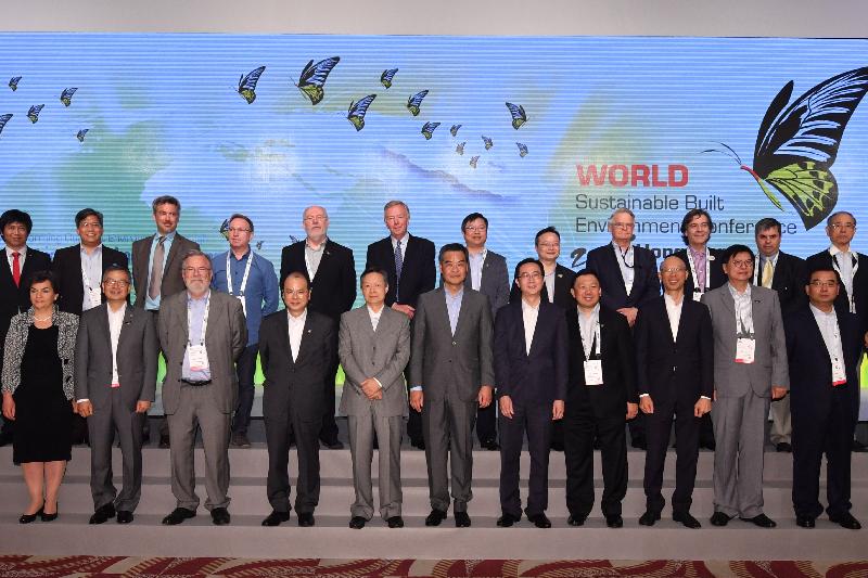The Chief Executive, Mr C Y Leung, attended the World Sustainable Built Environment Conference 2017 (WSBE17) Hong Kong at the Hong Kong Convention and Exhibition Centre this morning (June 5). Photo shows (front row, from third left) the representative from the International Co-owners of the Sustainable Built Environment Conference Series, Mr Nils Larsson; the Chief Secretary for Administration, Mr Matthew Cheung Kin-chung; the representative of the Ministry of Housing and Urban-Rural Development and Counsellor of the Counsellor's Office of the State Council, Dr Qiu Baoxing; Mr Leung; the Secretary for Development, Mr Eric Ma; the Chairman of the WSBE17 Hong Kong Organising Committee, Mr Conrad Wong; the Secretary for the Environment, Mr Wong Kam-sing; and other guests at the launching ceremony.
