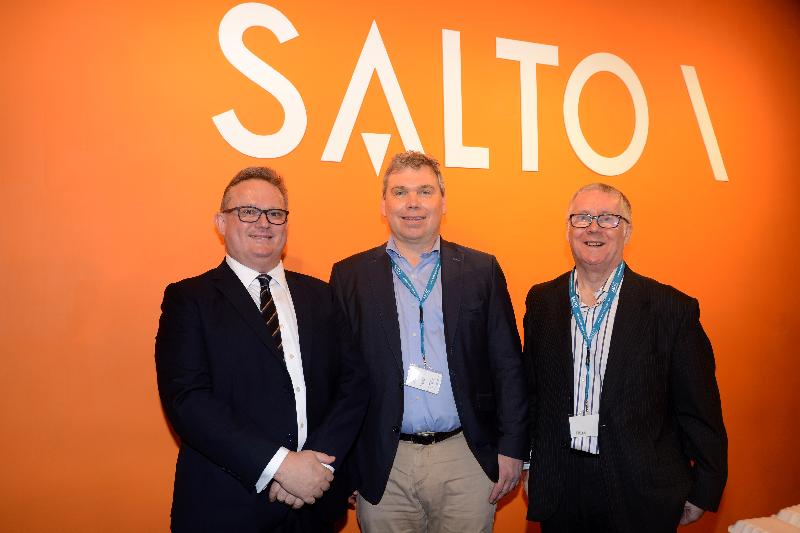 From left: the Director-General of Investment Promotion, Mr Stephen Phillips; the Chief Marketing and Sales Officer of SALTO Systems, Mr Marc Handels; and the Senior Vice President Asia Pacific of SALTO Systems, Mr David Rees, officiate at the opening ceremony of SALTO Systems' Hong Kong office today (June 8).