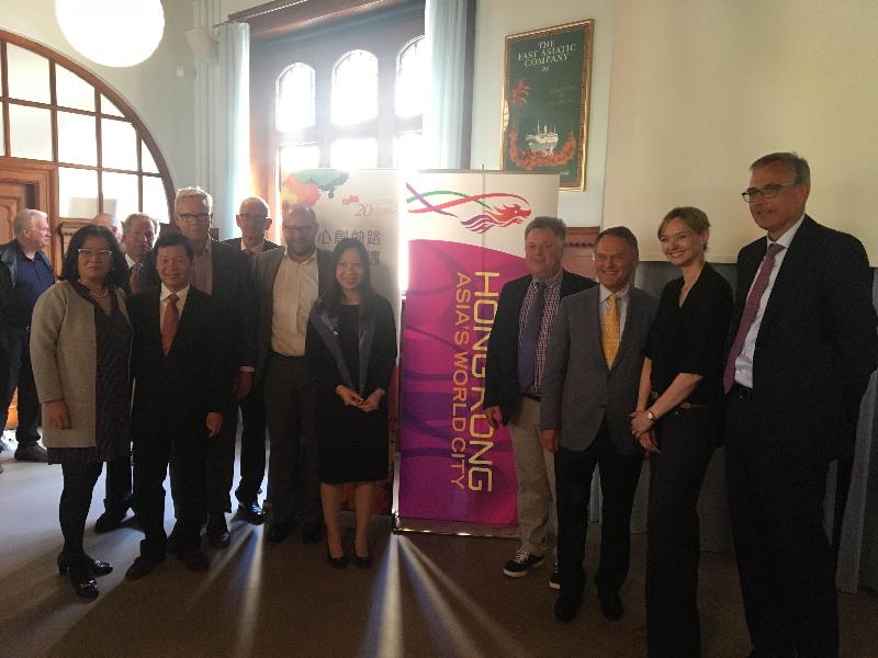 The Hong Kong Economic and Trade Office, London (London ETO) co-organised a number of business seminars and receptions in the Nordic and Baltic countries to commemorate the 20th anniversary of the establishment of the Hong Kong Special Administrative Region in May and June 2017. Photo shows the Director-General of the London ETO, Ms Priscilla To (fifth right), and the guests attending the reception in Copenhagen, Denmark on June 1 (Copenhagen time). 