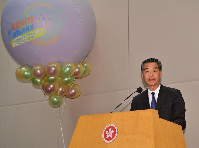 The Chief Executive, Mr C Y Leung, delivers a speech at the welcoming reception this evening (June 15) for speakers, exhibitors and supporting organisations taking part in the Gerontech and Innovation Expo cum Summit.