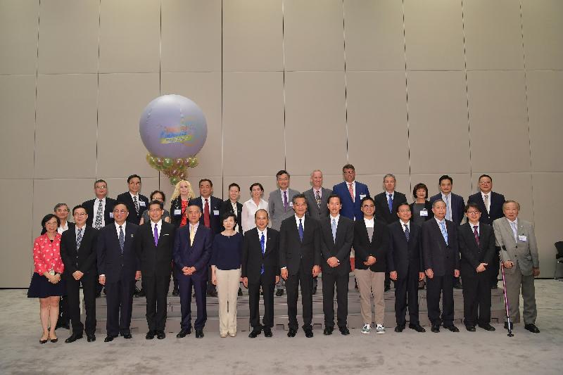 The Chief Executive, Mr C Y Leung, held a welcoming reception this evening (June 15) for speakers, exhibitors and supporting organisations taking part in the Gerontech and Innovation Expo cum Summit. Mr Leung (front row, seventh right); the Chief Secretary for Administration, Mr Matthew Cheung Kin-chung (front row, seventh left); the Chairperson of the Hong Kong Council of Social Service, Mr Bernard Chan (front row, sixth right); and the Chairperson of the Board of Directors of the Hong Kong Science and Technology Parks Corporation, Mrs Fanny Law (front row, sixth left) are pictured with speakers. 