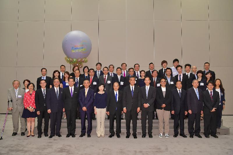 The Chief Executive, Mr C Y Leung, held a welcoming reception this evening (June 15) for speakers, exhibitors and supporting organisations taking part in the Gerontech and Innovation Expo cum Summit. Mr Leung (front row, sixth right); the Chief Secretary for Administration, Mr Matthew Cheung Kin-chung (front row, seventh right); the Chairperson of the Hong Kong Council of Social Service, Mr Bernard Chan (front row, fifth right); and the Chairperson of the Board of Directors of the Hong Kong Science and Technology Parks Corporation , Mrs Fanny Law (front row, seventh left) are pictured with the exhibitors. 