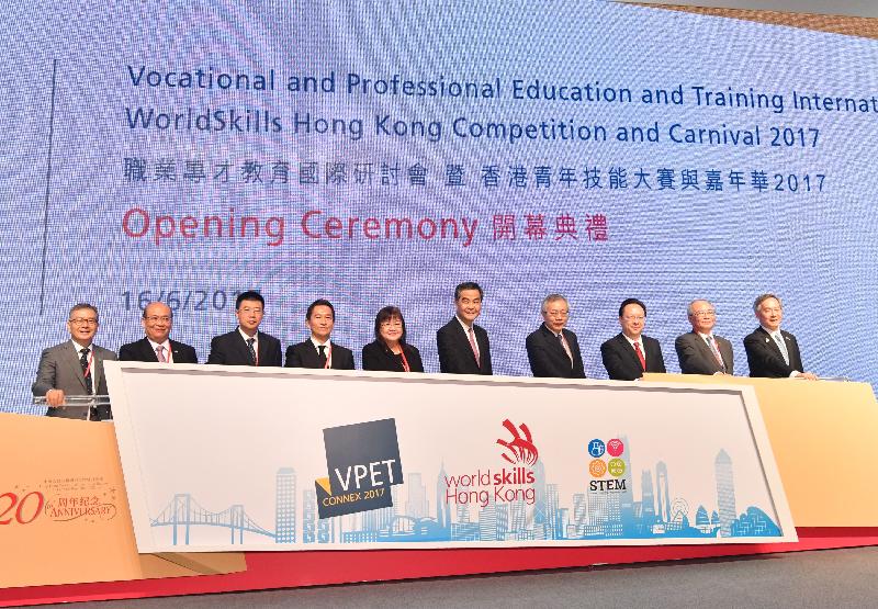 The Chief Executive, Mr C Y Leung, attended the Vocational and Professional Education and Training International Conference and WorldSkills Hong Kong Competition and Carnival 2017 today (June 16). Photo shows Mr Leung (fifth right); the Secretary for Education, Mr Eddie Ng Hak-kim (second right); the Vice Minister of the Ministry of Human Resources and Social Security, Mr Tang Tao (fourth right); the Deputy Minister of Higher Education of the Ministry of Higher Education of Malaysia, Dr Mary Yap (fifth left); the Vice Minister for Education of the Ministry of Education of Thailand, Dr Sophon Napathorn (fourth left); and other guests at the opening ceremony.
