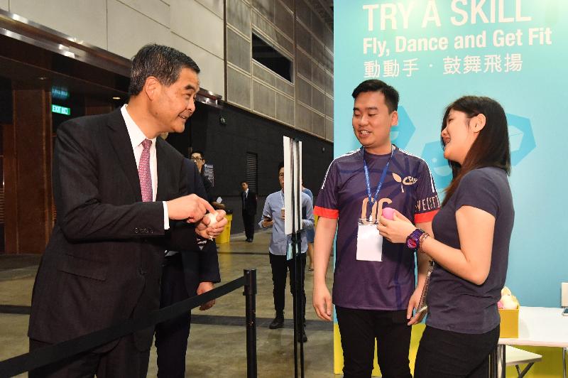 The Chief Executive, Mr C Y Leung, attended the Vocational and Professional Education and Training International Conference and WorldSkills Hong Kong Competition and Carnival 2017 today (June 16). Photo shows Mr Leung (first left) touring the carnival.