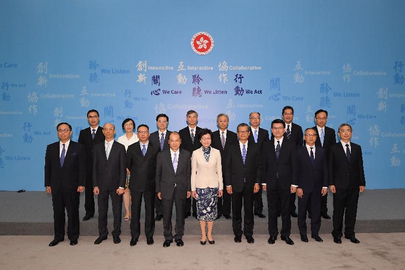 The Chief Executive-elect, Mrs Carrie Lam (front row, centre), in a group photo with the Principal Officials under the political appointment system of the fifth term of the Hong Kong Special Administrative Region Government at a press conference today (June 21).