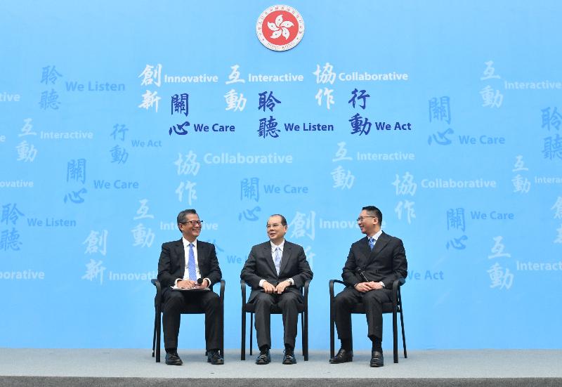 Principal Officials of the fifth term of the Hong Kong Special Administrative Region Government, the Chief Secretary for Administration (designate), Mr Matthew Cheung Kin-chung (centre); the Financial Secretary (designate), Mr Paul MP Chan (left); and the Secretary for Justice (designate), Mr Rimsky Yuen Kwok-keung, SC (right), meet the media today (June 21).