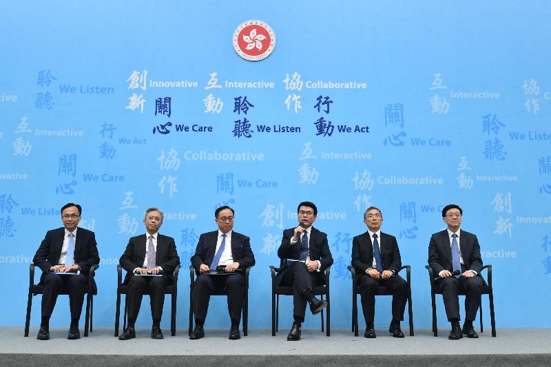 Principal Officials of the fifth term of the Hong Kong Special Administrative Region Government (from left), the Secretary for Constitutional and Mainland Affairs (designate), Mr Patrick Nip Tak-kuen; the Secretary for the Civil Service (designate), Mr Joshua Law Chi-kong; the Secretary for Innovation and Technology (designate), Mr Nicholas W Yang; the Secretary for Commerce and Economic Development (designate), Mr Edward Yau Tang-wah; the Secretary for Financial Services and the Treasury (designate), Mr James Henry Lau Jr; and the Secretary for Security (designate), Mr John Lee Ka-chiu, meet the media today (June 21).