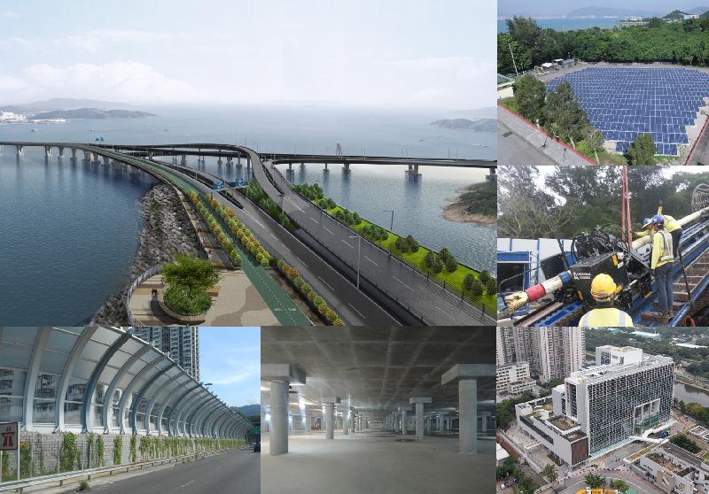 Some of the New Engineering Contract pilot projects in Hong Kong: 
(i) Tseung Kwan O-Lam Tin Tunnel - Road P2 and associated works (top left); 
(ii) Retrofitting of Noise Barriers on Tai Po Tai Wo Road near Po Nga Court (bottom, first left); 
(iii) Happy Valley Underground Stormwater Storage Scheme (bottom, centre); 
(iv) Design and Construction of Tin Shui Wai Hospital (bottom right); 
(v) Improvement of Fresh Water Supply to Cheung Chau (right, second top); and 
(vi) Photovoltaic System at the Siu Ho Wan Sewage Treatment Works and Three Energy-related Studies (top right).