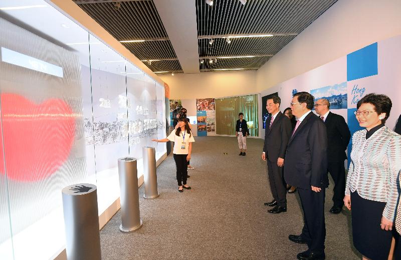 Member of the Standing Committee of the Political Bureau of the CPC Central Committee and Chairman of the Standing Committee of the National People's Congress Mr Zhang Dejiang (second right), accompanied by the Chief Executive, Mr C Y Leung (third right), and the Chief Executive-elect, Mrs Carrie Lam (first right), tours "Together · Progress · Opportunity - Exhibition in Celebration of the 20th Anniversary of the Return of Hong Kong to the Motherland" in Beijing today (June 26). The exhibition is themed around the concept of "Togetherness", the binding, driving force that propels the strength and prosperity of the Motherland and Hong Kong in building a better future together.