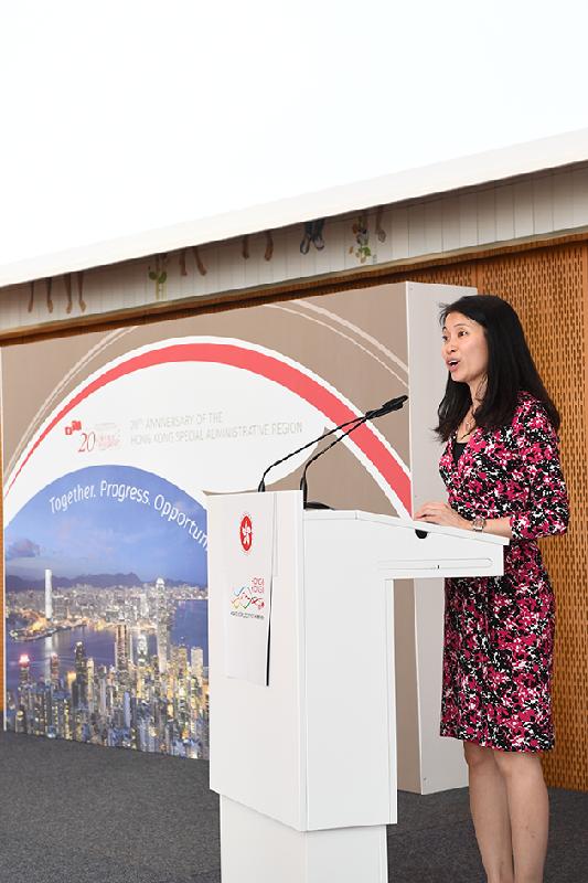 The Director of the Hong Kong Economic and Trade Office, Berlin, Ms Betty Ho, speaks at the gala dinner in celebration of the 20th anniversary of the establishment of the Hong Kong Special Administrative Region in Berlin on June 27 (Berlin time).