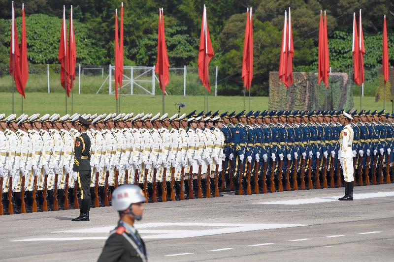The troops of the People's Liberation Army Hong Kong Garrison lined up for inspection at Shek Kong Barracks this morning (June 30).
