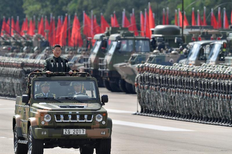 President Xi Jinping inspects the troops of the People's Liberation Army Hong Kong Garrison at Shek Kong Barracks this morning (June 30).
