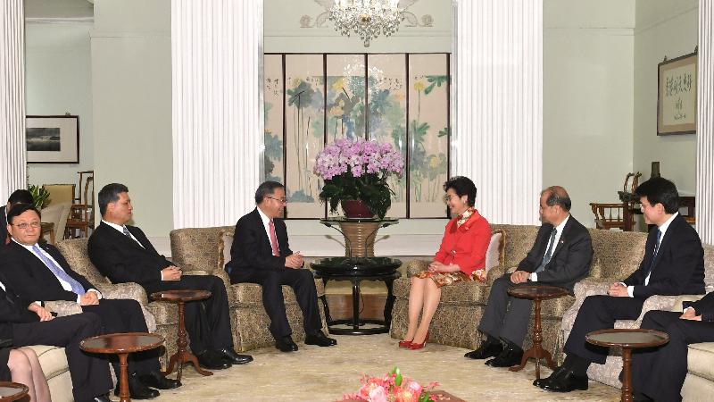 The Chief Executive, Mrs Carrie Lam (third right), met the Secretary of the CPC Guangdong Provincial Committee, Mr Hu Chunhua (third left), at Government House this evening (July 1). The Governor of Guangdong Province, Mr Ma Xingrui (second left), and the Secretary of the CPC Shenzhen Municipal Committee, Mr Wang Weizhong (first left), also attended the meeting.