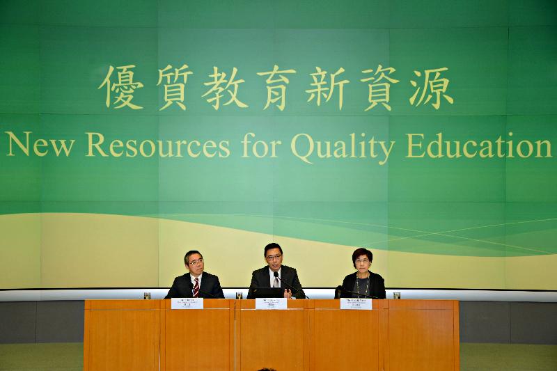 The Government today (July 5) announced a package of new measures to address some of the resource issues in the education sector and enhance education quality. Photo shows the Secretary for Education, Mr Kevin Yeung (centre), together with the Deputy Secretaries for Education, Mr Brian Lo (first left) and Mrs Michelle Wong (first right), announcing the details of the measures at a press conference.