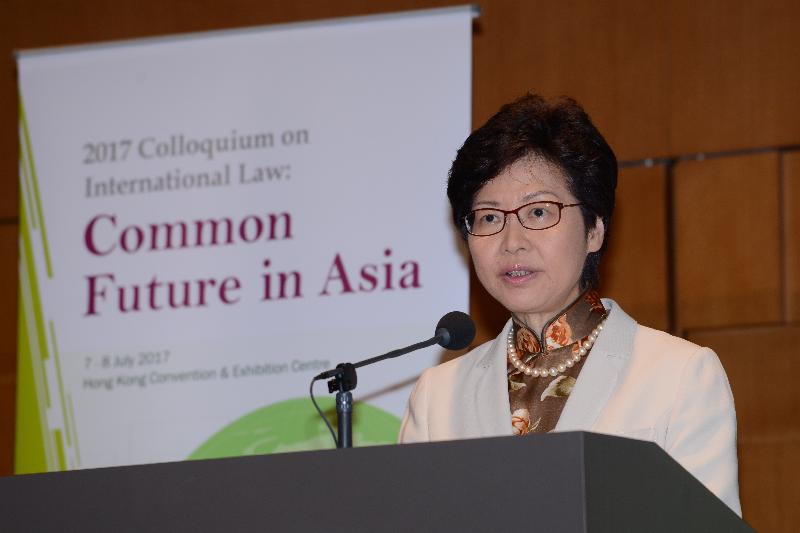The Chief Executive, Mrs Carrie Lam, speaks at the 2017 Colloquium on International Law Luncheon this afternoon (July 7).
