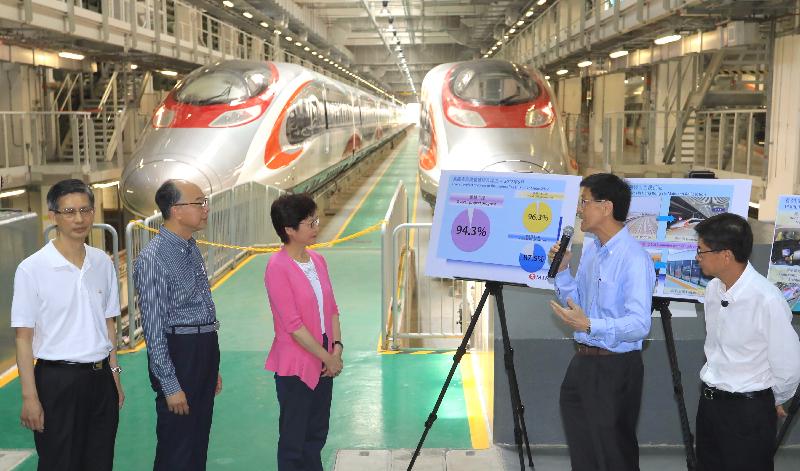 The Chief Executive, Mrs Carrie Lam, visited the Shek Kong Stabling Sidings of the Hong Kong section of the Guangzhou-Shenzhen-Hong Kong Express Rail Link (XRL) this morning (July 9) and viewed the XRL train which has been delivered to Hong Kong. Photo shows Mrs Lam (third left); the Secretary for Transport and Housing, Mr Frank Chan Fan (second left); and the Director of Highways, Mr Daniel Chung (first left), being briefed by the Chief Executive Officer of the MTR Corporation Limited, Mr Lincoln Leong (second right), on the latest development of the XRL project.