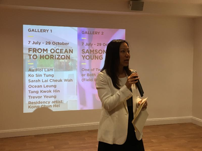 The Director-General of the Hong Kong Economic and Trade Office, London (London ETO), Ms Priscilla To, speaks at an opening ceremony hosted on July 6 (Manchester time) at the Centre for Chinese Contemporary Art in Manchester to launch the art installation "One of Two Stories, or Both (Field Bagatelles)" and the exhibition "From Ocean to Horizon". Both displays are supported by the London ETO to celebrate the 20th anniversary of the establishment of the Hong Kong Special Administrative Region.