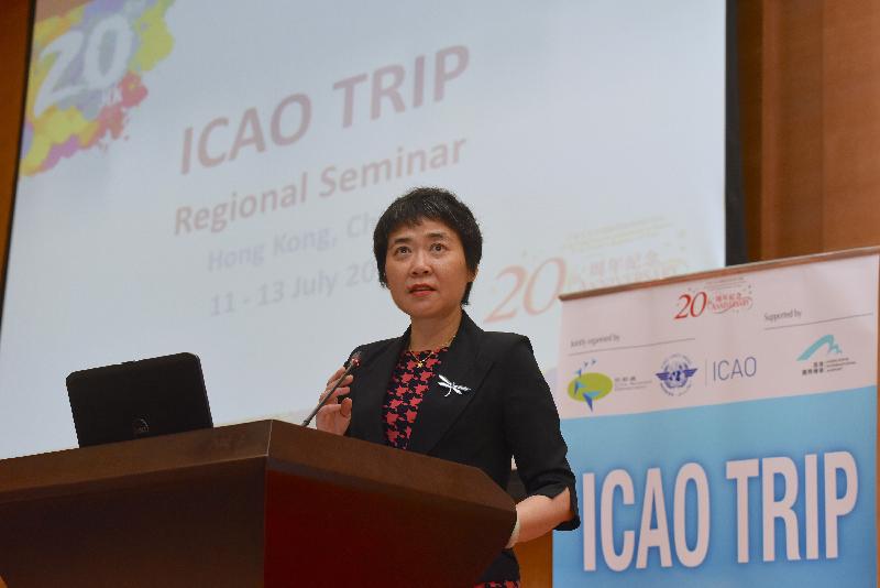 About 200 representatives from the International Civil Aviation Organization (ICAO) and its members worldwide are meeting in Hong Kong from today (July 11) to July 13 to attend the ICAO Traveller Identification Programme Regional Seminar jointly organised by the ICAO and the Civil Aviation Department. Photo shows the Secretary General of the ICAO, Dr Fang Liu, addressing the opening ceremony today.