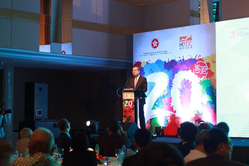 The Financial Secretary, Mr Paul Chan, speaks at the gala dinner organised by the Hong Kong Economic and Trade Office in Jakarta and the Hong Kong Trade Development Council to celebrate the 20th anniversary of the establishment of the Hong Kong Special Administrative Region in Jakarta, Indonesia, yesterday (July 26, Jakarta time).