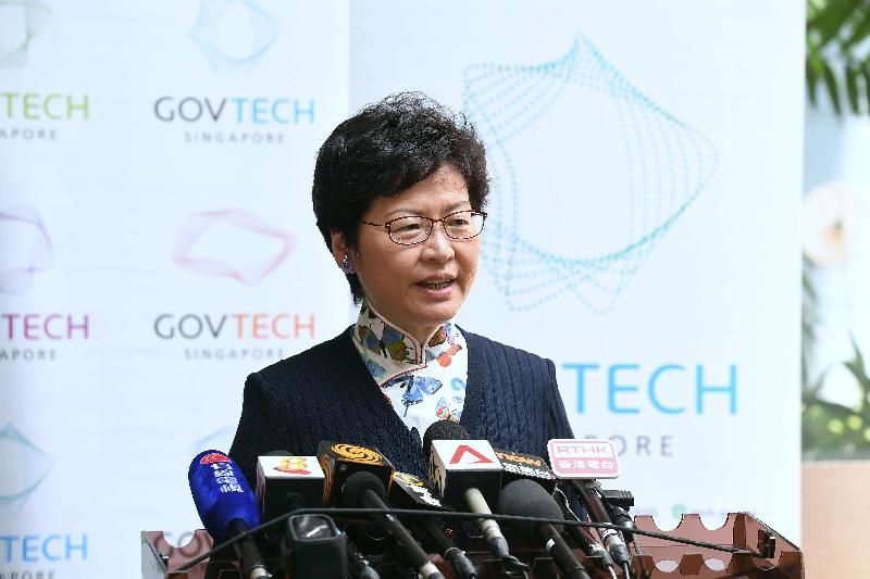 The Chief Executive, Mrs Carrie Lam, meets the media in Singapore today (August 3) after visiting GovTech Hive, an innovation lab for digital services.