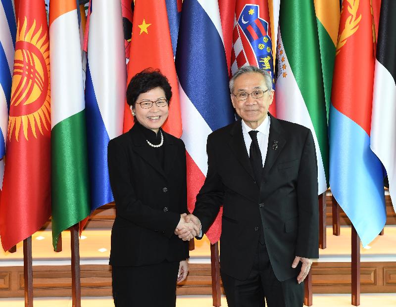 The Chief Executive, Mrs Carrie Lam, today (August 4) in Bangkok met senior Thailand officials. Mrs Lam (left) is pictured with the Minister of Foreign Affairs of Thailand, Mr Don Pramudwinai (right), after their meeting.