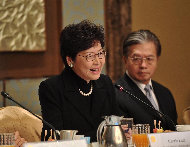 The Chief Executive, Mrs Carrie Lam, in a roundtable forum in Bangkok today (August 4) met with leaders of various industries and businesses in Thailand to explore collaboration opportunities. Photo shows Mrs Lam speaking at the forum.