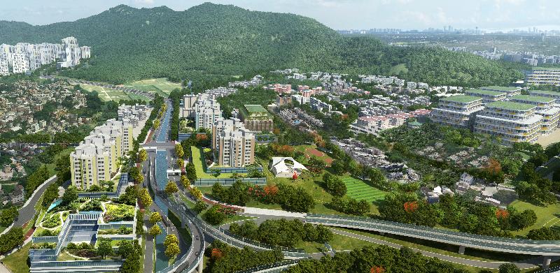 規劃署和土木工程拓展署今日（八月八日）公布「元朗南建議發展大綱圖」。圖為位於元朗南唐人新村活動中心的模擬景色圖。

