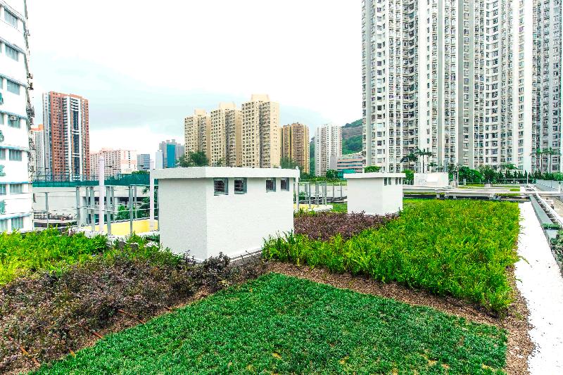 The Hong Kong Housing Authority's public rental housing project Wah Ha Estate has won a Silver Award, the highest honour in the Residential category, at the Hong Kong Institute of Architects Cross-Strait Architectural Design Symposium and Awards 2017. Photo shows the retained chimneys on the green roof, reflecting the original industrial character.
