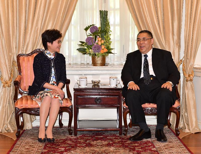 The Chief Executive, Mrs Carrie Lam (left), today (August 18) visited Macau and paid a courtesy call on the Chief Executive of the Macau Special Administrative Region, Mr Chui Sai-on (right).