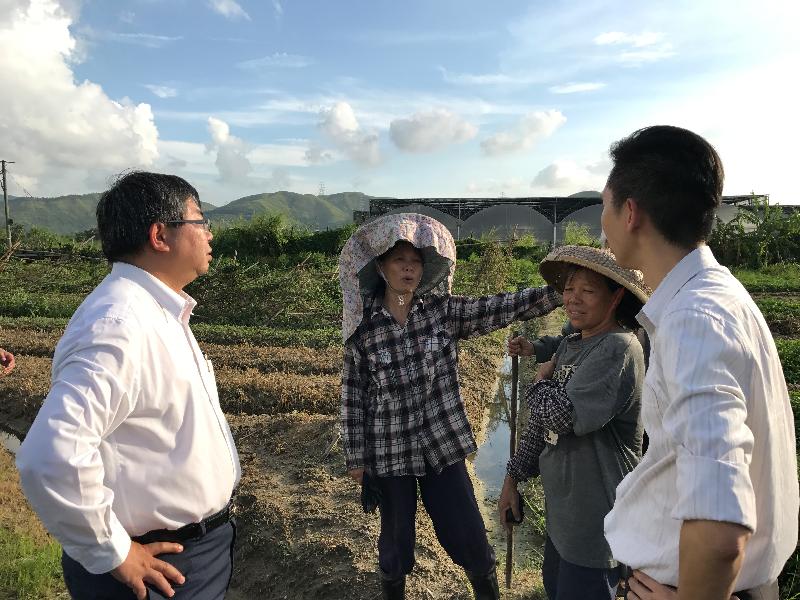 The Director of Agriculture, Fisheries and Conservation, Dr Leung Siu-fai, visited farms and fish pond affected by Typhoon Hato this afternoon (August 24). Photo shows Dr Leung (first left) informing the farmers affected by the typhoon that they can register for assistance from emergency relief funds starting from tomorrow (August 25).