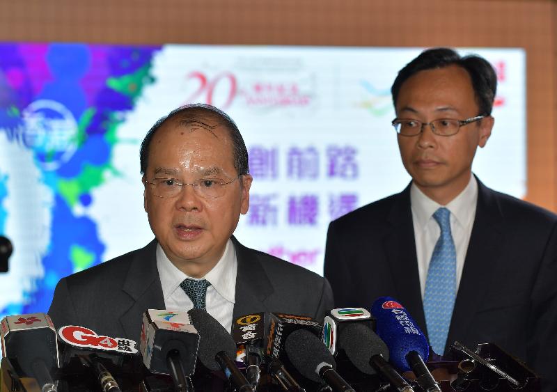 The Chief Secretary for Administration, Mr Matthew Cheung Kin-chung, visited Guangzhou today (August 25). Photo shows Mr Cheung (left) and the Secretary for Constitutional and Mainland Affairs, Mr Patrick Nip (right), meeting the media.