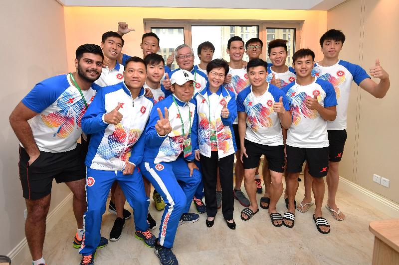 The Chief Executive, Mrs Carrie Lam, visited the Hong Kong athletes at the Athletes’ Village today (August 27) before attending the opening ceremony of the 13th National Games in Tianjin. Mrs Lam (front row, third right) is pictured with athletes from the Hand Ball Team after visiting the accommodation facilities of the athletes.
