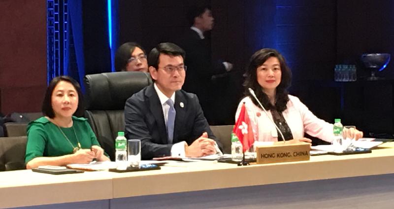 The Secretary for Commerce and Economic Development, Mr Edward Yau (centre), and the Director-General of Trade and Industry, Ms Salina Yan (right), attend the 2nd Association of Southeast Asian Nations (ASEAN) Economic Ministers - Hong Kong, China Consultations in Manila, the Philippines this morning (September 9), during which the conclusion of negotiations on the Hong Kong, China-ASEAN Free Trade Agreement and a related Investment Agreement is announced.