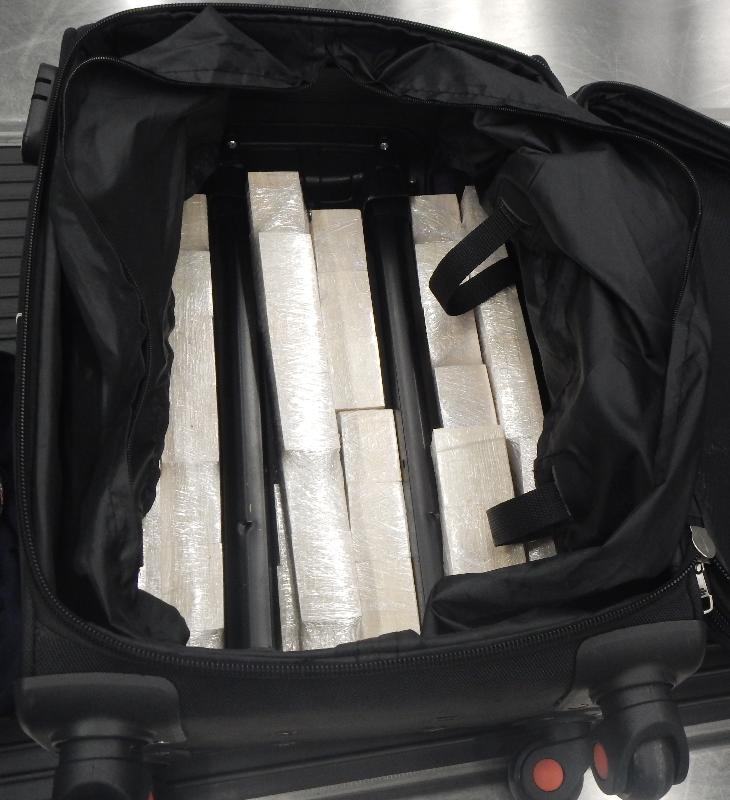 香港海关今日（九月九日）在香港国际机场缉获约二十二公斤怀疑象牙制品，估计市值约四十四万元。图示藏于行李箱内层以胶纸包裹的怀疑象牙制品。