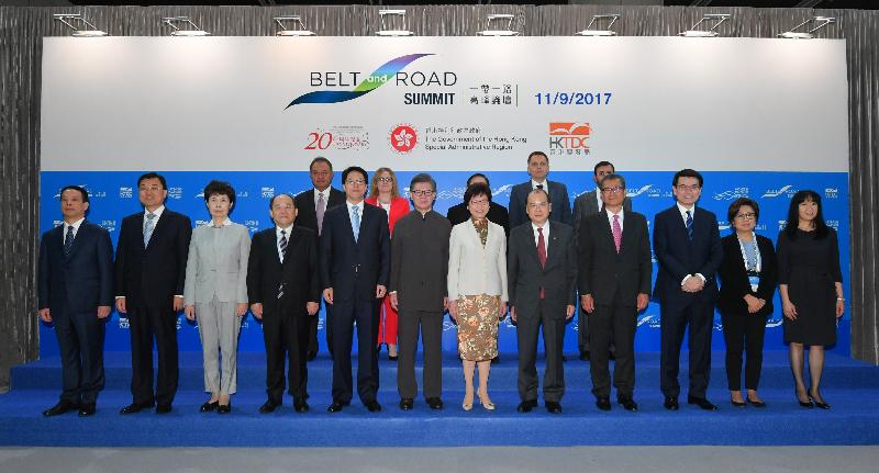 The Chief Executive, Mrs Carrie Lam, attended the Belt and Road Summit at the Hong Kong Convention and Exhibition Centre this morning (September 11). Photo shows (front row, from left): Deputy Director of the Hong Kong and Macao Affairs Office of the State Council Mr Huang Liuquan; the Commissioner of the Ministry of Foreign Affairs of the People's Republic of China in the Hong Kong Special Administrative Region (HKSAR), Mr Xie Feng; Vice Minister of Commerce Ms Gao Yan; Vice Chairman of the National Development and Reform Commission Mr Ning Jizhe; the Director of the Liaison Office of the Central People's Government in the HKSAR, Mr Zhang Xiaoming; the Chairman of the Hong Kong Trade Development Council, Mr Vincent Lo; Mrs Lam; the Chief Secretary for Administration, Mr Matthew Cheung Kin-chung; the Financial Secretary, Mr Paul Chan; the Secretary for Commerce and Economic Development, Mr Edward Yau; the Chairman of the Financial Services Development Council, Mrs Laura Cha; the Executive Director of the Hong Kong Trade Development Council, Ms Margaret Fong; and other guests at the Summit.