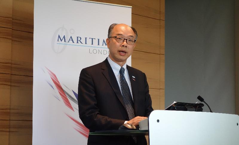 The Secretary for Transport and Housing and Chairman of the Hong Kong Maritime and Port Board, Mr Frank Chan Fan, delivers a speech on the opportunities brought about by the Belt and Road Initiative and Hong Kong's role as a "super-connector" at a seminar on the Belt and Road Initiative organised by Maritime London today (September 13, London time).