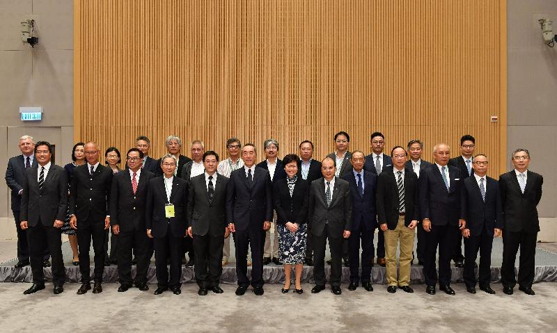 The Chief Executive, Mrs Carrie Lam, attended the West Kowloon Cultural District Authority (WKCDA) reception at the Central Government Offices today (September 18). Mrs Lam (front row, centre) is pictured with the Chief Secretary for Administration and Chairman of the Board of the WKCDA, Mr Matthew Cheung Kin-chung (front row, sixth right); the Chairman (designate) of the Board of the WKCDA, Mr Henry Tang (front row, sixth left); former Chairman of the Board of the WKCDA Mr Stephen Lam (front row, fifth left); the Chairman of the Consultation Panel of the WKCDA, Professor John Leong (front row, fourth left); and incumbent and former members of the Board of the WKCDA at the reception.