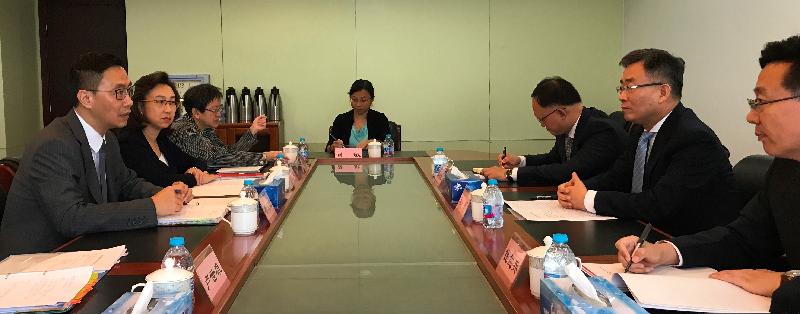 The Secretary for Education, Mr Kevin Yeung (first left), calls on the Hong Kong and Macao Affairs Office of the State Council and meets with the Deputy Director, Mr Song Zhe (second right), in Beijing this morning (September 19). Also pictured is the Permanent Secretary for Education, Mrs Ingrid Yeung (second left).