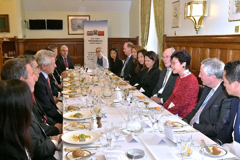 The Chief Executive, Mrs Carrie Lam (third right), meets with the Chair of the All Party Parliamentary China Group, Mr Richard Graham (fourth left), and other members of the Group in London, the United Kingdom, today (September 21, London time).