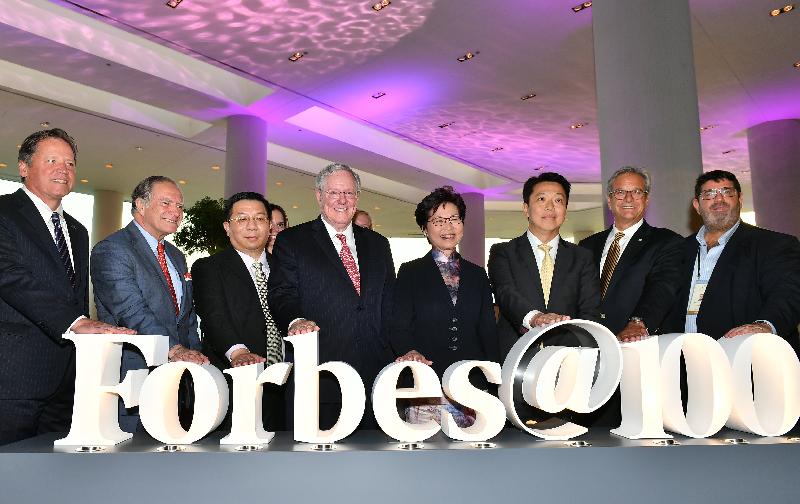 The Chief Executive, Mrs Carrie Lam, attended the 17th Forbes Global CEO Conference today (September 27). Mrs Lam (fourth right) is pictured with the Chairman and Editor-in-Chief of Forbes Media, Mr Steve Forbes (fourth left), and other officiating guests at the Forbes 100th Anniversary Celebration Reception.