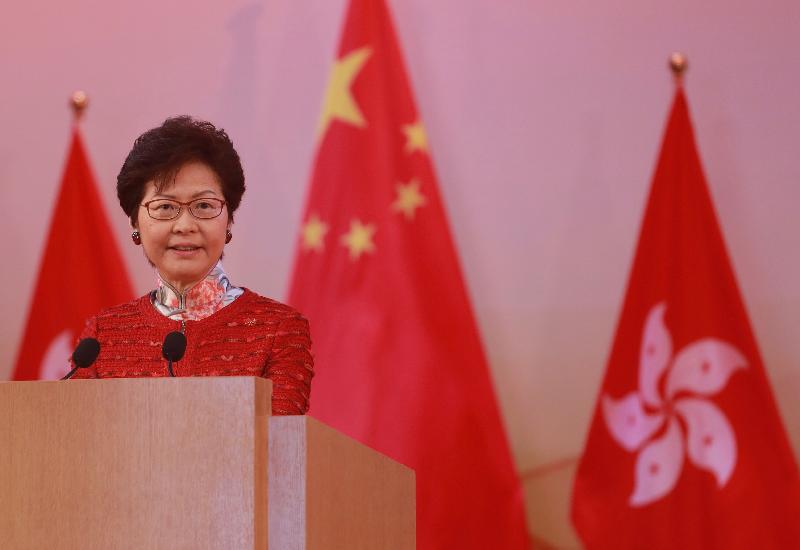 The Chief Executive, Mrs Carrie Lam, hosted a reception in celebration of the 68th anniversary of the founding of the People's Republic of China at the Grand Hall of the Hong Kong Convention and Exhibition Centre this morning (October 1). Picture shows Mrs Lam addressing the reception.
