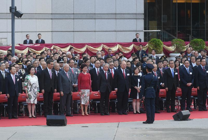 The Chief Executive, Mrs Carrie Lam (front row;fifth left), and her husband Dr Lam Siu-por (front row;sixth left); the Chief Justice of the Court of Final Appeal, Mr Geoffrey Ma Tao-li (front row;seventh left); former Chief Executive Mr Tung Chee Hwa (front row;fourth left); former Chief Executive Mr C Y Leung (front row;third left) and his wife, Mrs Regina Leung (front row;second left); the Chief Secretary for Administration, Mr Matthew Cheung Kin-chung (front row;fourth right); the Financial Secretary, Mr Paul Chan (front row;third right); the Secretary for Justice, Mr Rimsky Yuen, SC (front row;second right);  the President of the Legislative Council, Mr Andrew Leung(front row; first right); the Director of the Liaison Office of the Central People's Government in the Hong Kong Special Administrative Region, Mr Wang Zhimin (front row; first left), together with senior government officials and guests, attend the flag-raising ceremony in celebration of the 68th anniversary of the founding of the People's Republic of China at Golden Bauhinia Square in Wan Chai this morning (October 1).