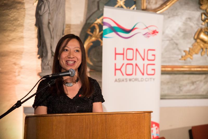 The Director-General of the Hong Kong Economic and Trade Office, London (London ETO), Ms Priscilla To, speaks at the reception to commemorate the 20th anniversary of the establishment of the Hong Kong Special Administrative Region at the Swedish History Museum in Stockholm, Sweden, co-organised by the London ETO with the newly established Hong Kong Chamber of Commerce in Sweden on October 11 (Swedish time).